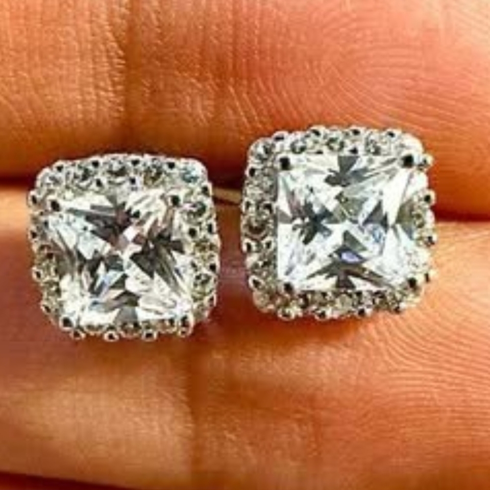 White Cubic Zirconia Earrings Stud Sterling Silver 925 Cushion Cut Earrings